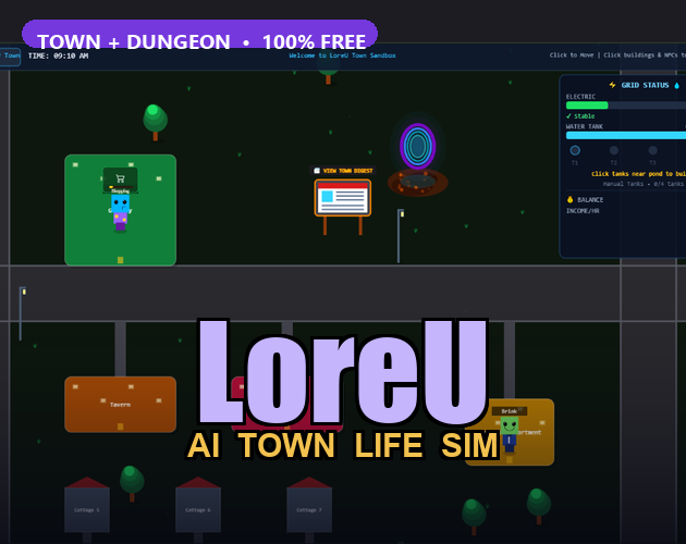 LoreU — AI Town Life Sim cover art over live gameplay