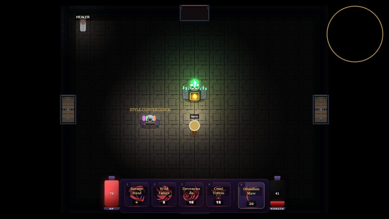 LoreU dungeon ARPG: torch-lit combat with skill hotbar